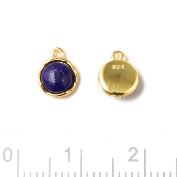 Pendant with blue Lapis, cabochon, round, gold plated silver, 8x6.5mm, 1pc