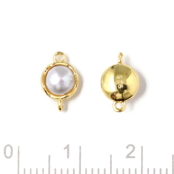 Link with freshwater pearl, white, round, gold plated silver, 10x6.5mm, 1pc