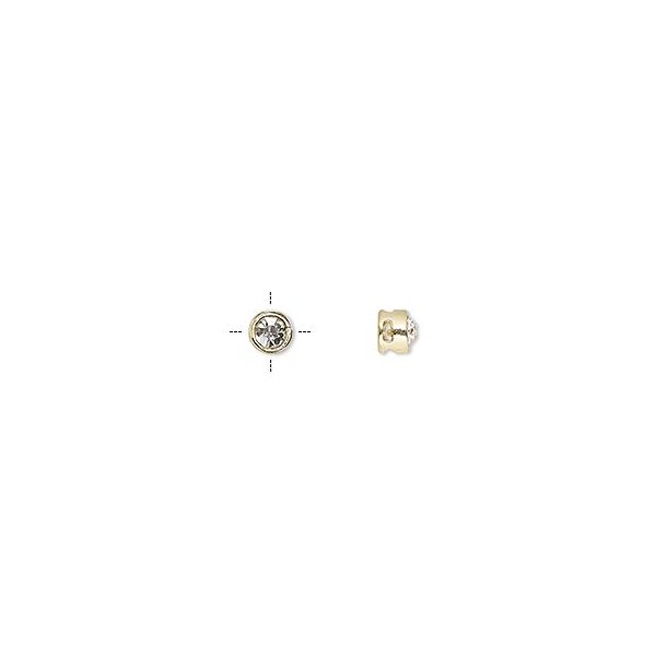 Bead with rhinestone, gilded brass, 6x5 mm, 2 pcs