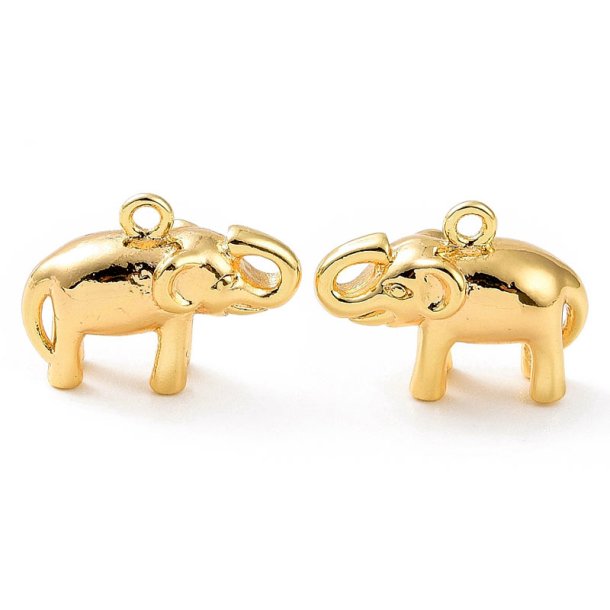Elephant pendant, durable gold-plated brass, 11x15x6 mm, hole 1.2 mm, 2 pcs.