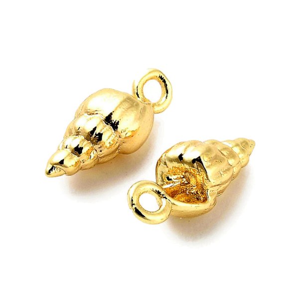Spiral shell, small pendant, durable gold-plated brass, 11.5x5x4 mm, hole 1.4 mm, 2 pcs.