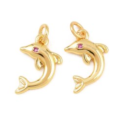 Dolphin with pink CZ, pendant, 18k gold-plated brass, 13.5x9 mm, 2 pcs
