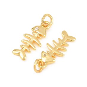 Fish skeleton, pendant with ring, 18K gold-plated brass, 14.5x6.5 mm, 2 pcs