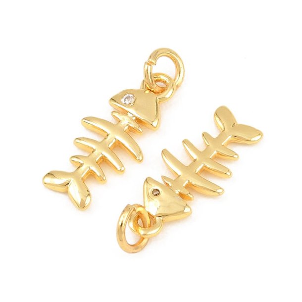 Fish skeleton, pendant with ring, 18K gold-plated brass, 14.5x6.5 mm, 2 pcs