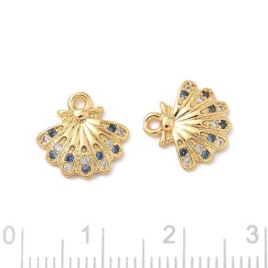 Shell shape, charm with blue and clear zirconia, 18K gold-plated brass, 11.5x12.5 mm, 2 pcs