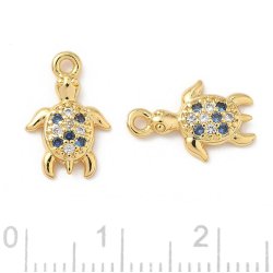 Turtle charm with blue and clear CZ, 18K gold-plated brass, 14.5x9.5 mm, 2 pcs