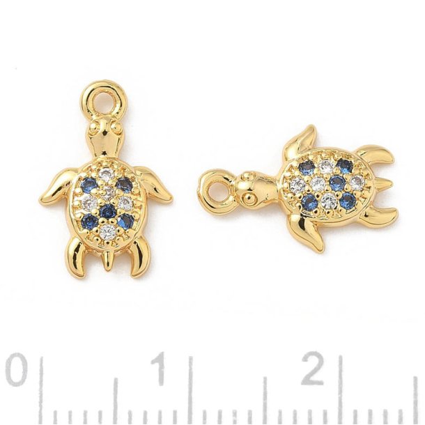 Turtle charm with blue and clear CZ, 18K gold-plated brass, 14.5x9.5 mm, 2 pcs