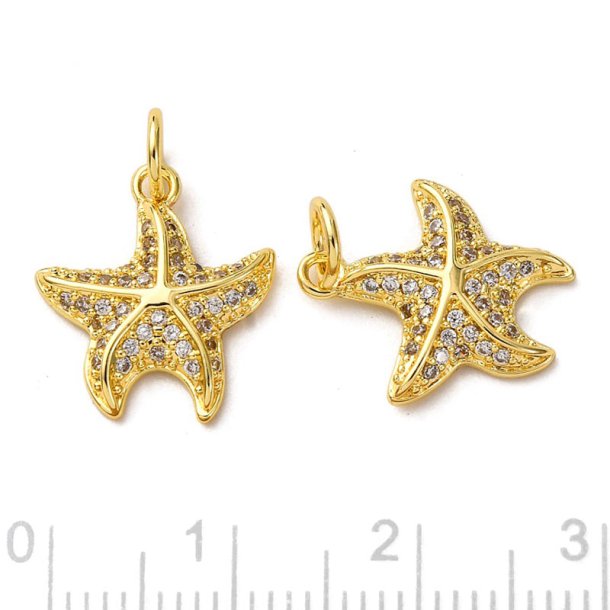 Starfish pendant with clear CZ, 18K gold-plated brass, 15x13.5mm, 1 pcs