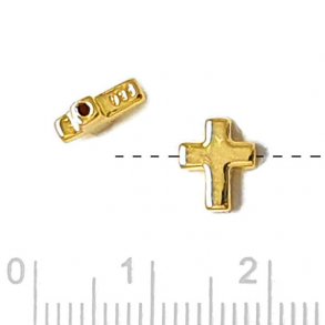 Cross, bead, horizontally drilled hole, gold plated silver, 8x6.5x2mm. 1pc.