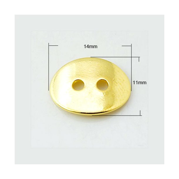 Gilded brass button, curved oval, 14x11mm, hole size 2mm, 4pcs.