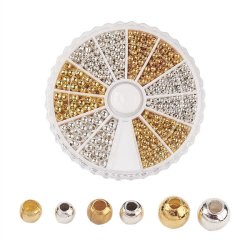 Beadmix in plastic box, silvery and gilded brass beads, round, three sizes 2-3mm, 1160pcs, 1 box