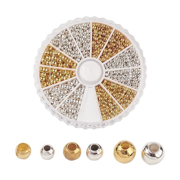 Perlenmix, runde vergoldete und versilberte Messingperlen, drei Gren, 2-3 mm, 1160 Perlen, 1 Box