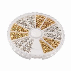 Beadmix in plastic box, silvery and gilded brass beads, round, three sizes 2-3mm, 1160pcs, 1 box