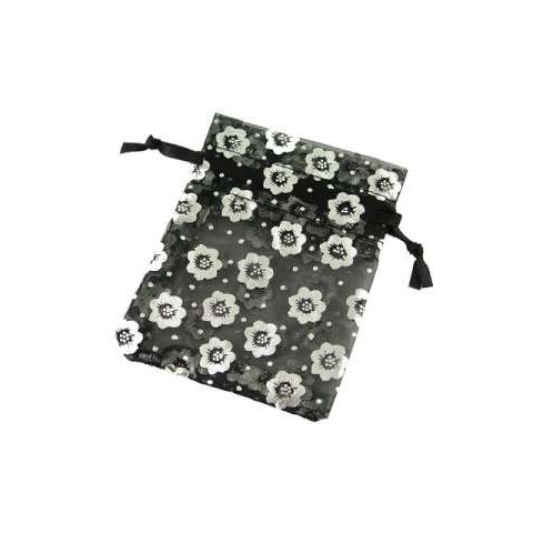 Smykkepose, sort med sølv blomster, organza, 7x9 cm, 20 stk.