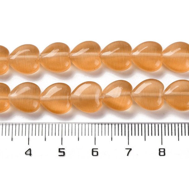 Glasperle mit Cat-eye-Look, Flaches Herz, orange, 10x10x4,5 mm. 4 Stck