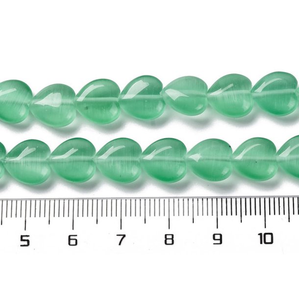 Glasperle mit Cat-eye-Look, Flaches Herz, meergrn, 10x10x4,5 mm. 4 Stck
