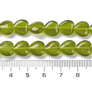Glasperle mit Cat-eye-Look, Flaches Herz, olivgrn, 10x10x4,5 mm. 4 Stck