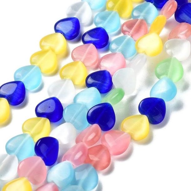Cat eye beads, full strand, multi coloured, heart, 12 mm, approx. 32 pcs