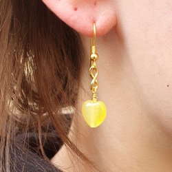 Glasperle, ganzer Strang, Cat-eye-Look, Herz, gelb, 10x10x4,5 mm. 39 Stck