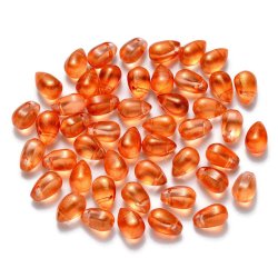 Glasperle, orangefarbener Tropfen mit Glitzereffekt, transparent, oben kreuzgebohrt, 9x6 mm. 6 Stck