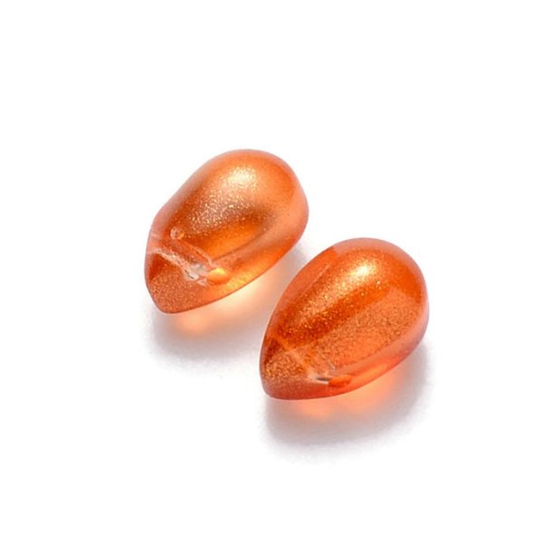 Glass bead, orange drop with glitter effect, transparent, cross-drilled at the top, 9x6 mm. 6 pcs.