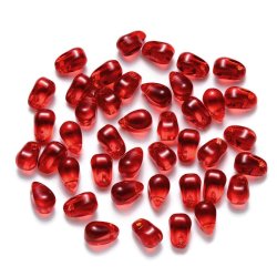 Glasperle, roter Tropfen , glnzend, transparent, oben kreuzgebohrt, 9x6 mm. 6 S