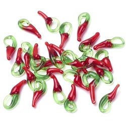 Glass charm, small red chilli fruit-shape, length 14-17 mm, 10pcs