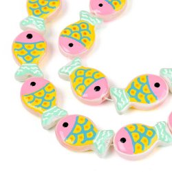 Glasperle, emaillierter Fisch, rosa, gelb und t�rkis, 20 x 13 x 5,5 mm, 2 St�ck
