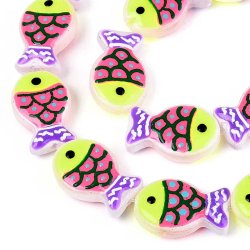 Glasperle, emaillierter Fisch, gelb, gr�n und violett, 20x13x5,5 mm, 2 St�ck