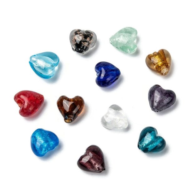 Glass heart, assorted colours, 12x12 mm, 6 pcs
