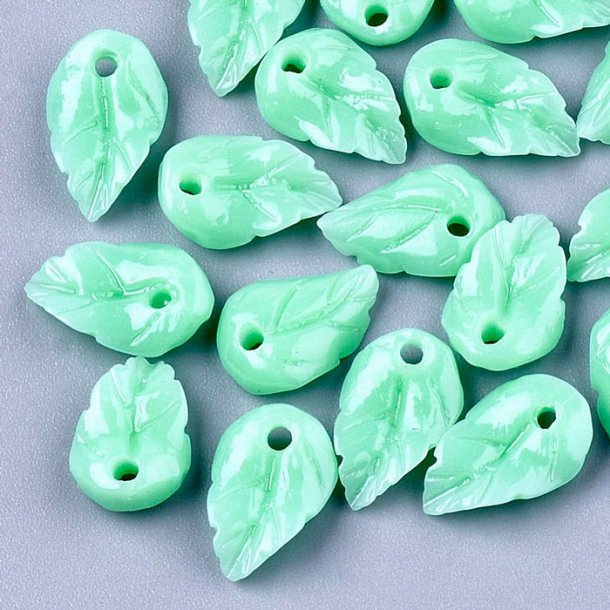 Koral imitation, leaf with hole, light green, 10.5x6.5mm. 6pcs.