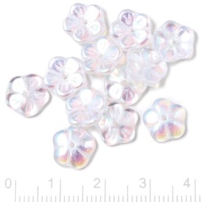 Glasperlen, Blumen, wei, AB, feuerpoliert, 10 mm, 6 Stk.