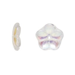 Glasperlen, Blumen, wei, AB, feuerpoliert, 10 mm, 6 Stk.