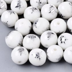 Glasperle, wei&szlig; mit silbernem Weihnachtsbaum, rund, 10 mm, 4 St&uuml;ck.