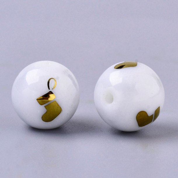 Glass bead, white with golden Christmas stocking, round, 10 mm, 4 pcs.