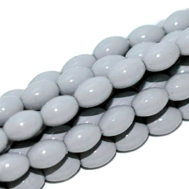 Glass beads, whole strand, rice-shaped, coated, light grey, 6x4 mm, approx. 100 pcs