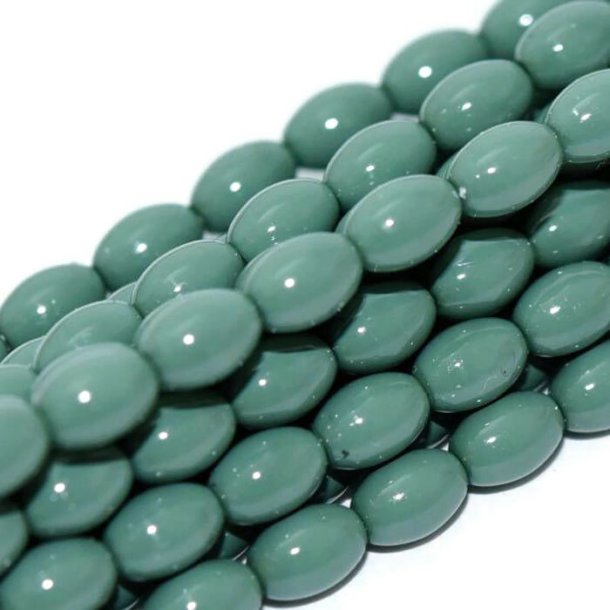 Glass beads, whole strand, rice-shaped, coated, moss green, 6x4 mm, approx. 100 pcs