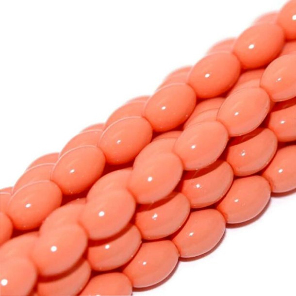 Glass beads, whole strand, rice-shaped, coated, coral, 4x6 mm, approx. 100 pcs