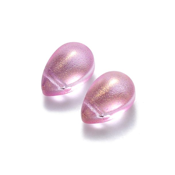 Glass bead, pink with glitter spray effect, drop, cross-drilled, 9x6mm, 6pcs