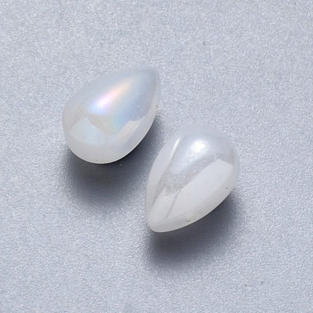 Glass bead, white AB effect, drop, cross-drilled, 9x6mm, 6pcs