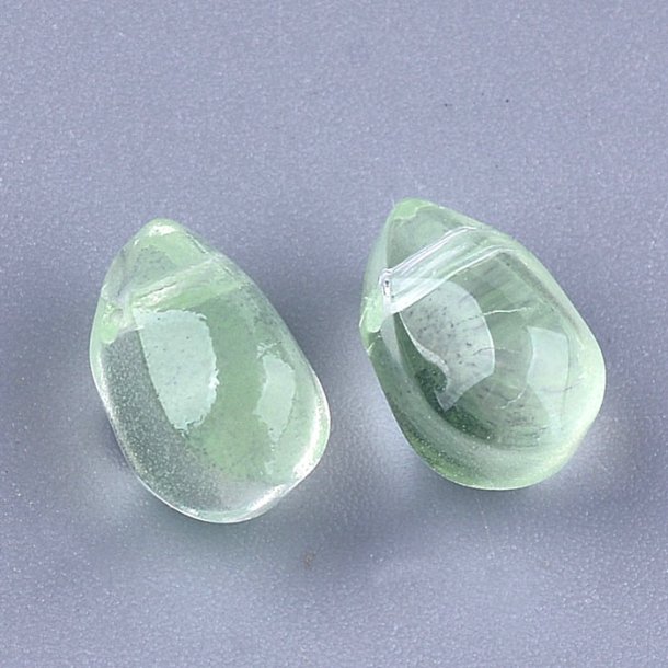 Glass bead, drop, light green, cross-drilled, 9x6mm, 6pcs