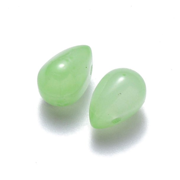 Glass bead, drop, light green, cross-drilled, 9x6mm, 6pcs
