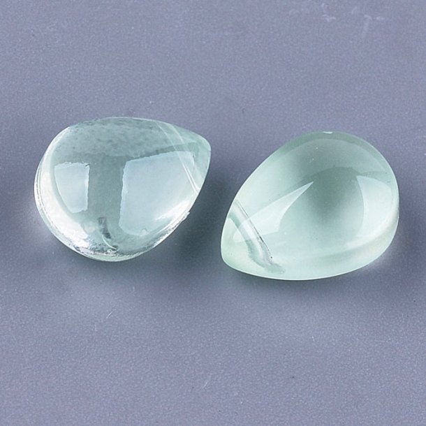 Flat drop, glass bead, light green, cross drilled in top, 12x9x7 mm, 4pcs
