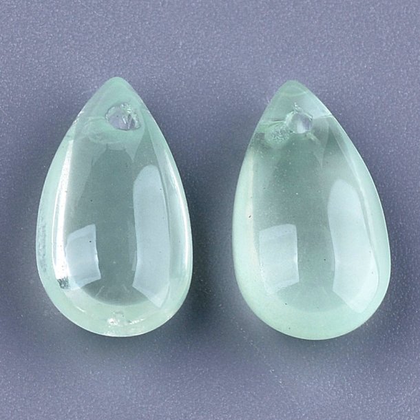 Flat drop, glass bead, light green, front drilled in top, 14x7.5x5 mm, 4pcs