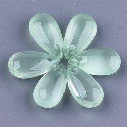 Flacher Tropfen, Glasperle, hellgr&uuml;n, frontal gebohrt, 14x7,5x5 mm. 4 Stck