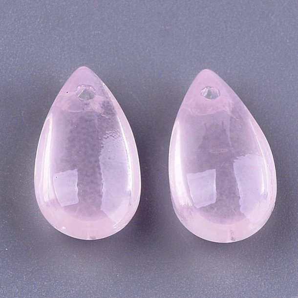 Flat drop, glass bead, pink, front drilled in top, 14x7.5x5 mm, 4pcs