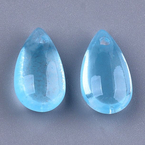 Flat drop, glass bead, light blue, front drilled in top, 14x7.5x5 mm, 4pcs