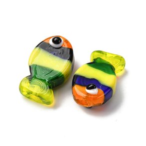 Glass bead, striped fish, yellow, green, blue, orange, 20x13x5 mm, 2 pcs