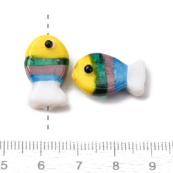 Glass bead, striped fish, yellow, green, grey, blue, white, 20x13x5 mm, 2 pcs