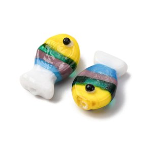 Glass bead, striped fish, yellow, green, grey, blue, white, 20x13x5 mm, 2 pcs